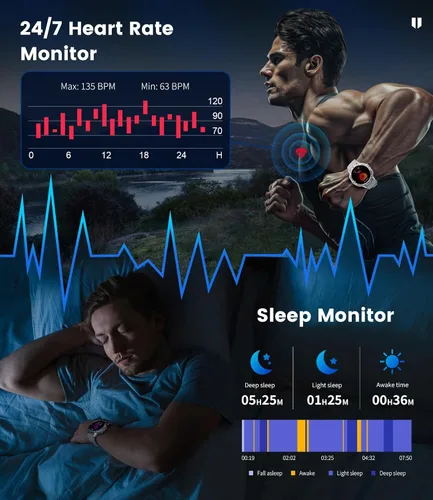 Vista 7 de Smart Watch for Men for Android/iPhone(3 Straps),1.43’’ AMOLED Display Sport Watch with 123 Sport Modes/FlashLight,5ATM Waterproof Fitness Watch