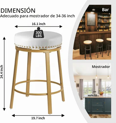 Vista 3 de White & Gold - Juego de 2 taburetes de bar giratorios de 24 pulgadas de altura de mostrador para encimera de cocina, isla sin espalda, modernos