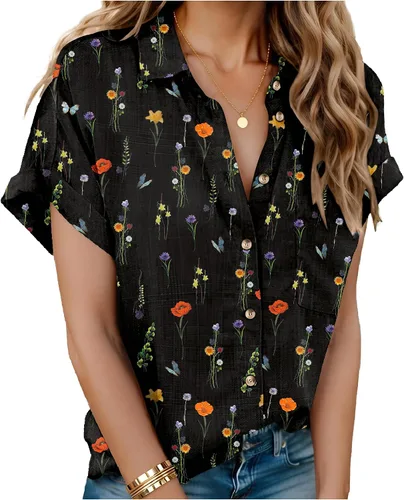Vista 18 de HOTOUCH Camisas de Lino para Mujer con Botones Blusas de Manga Corta de Algodón Cuello en V con Cuello Tops de Gasa con Botones S-3XL