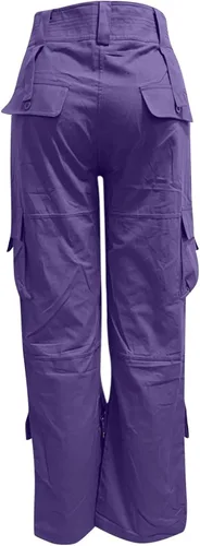 Vista 3 de EOPUING Pantalones cargo para mujer, de cintura alta, pierna ancha, pantalones lisos de otoño con bolsillos