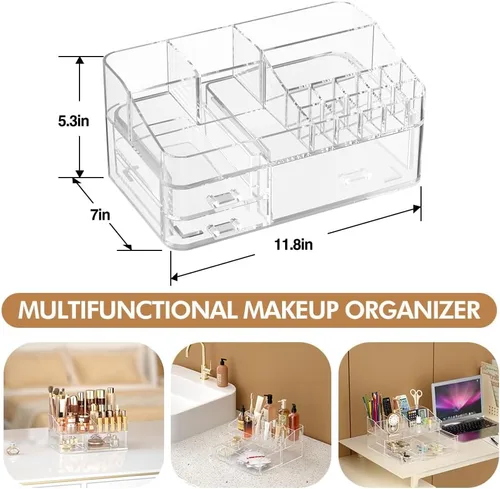 Vista 2 de Organizador de maquillaje para tocador, organizador de escritorio grande de acrílico con cajones, soporte de tocador ideal para cosméticos, lápices