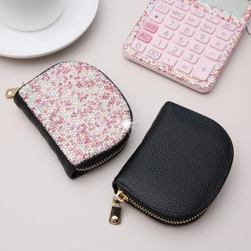 Vista 13 de AsAlways RFID Rhinestone titular de la tarjeta de crédito semicírculo multicapa cremallera caso Bling Crystal Slim pequeña cartera para mujeres