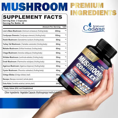 Vista 2 de Organic Cadane Suplementos de complejo de hongos – Salud cerebral, sistema inmunológico, memoria y producción de energía – 13 en 1 con hongos melena