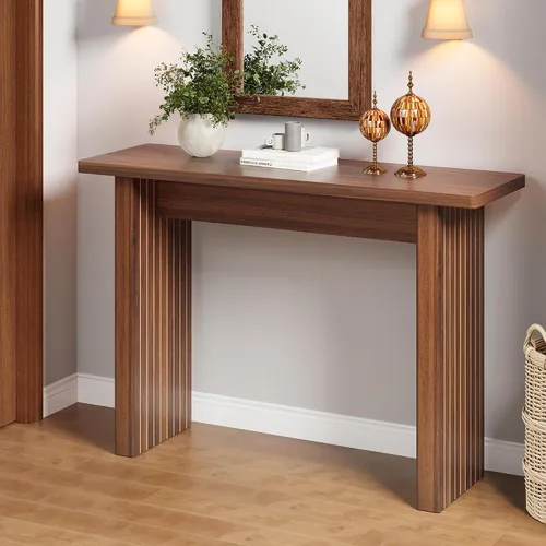Vista 13 de Mesa Consola Acanalada, Mesa de Entrada Estilo Granja con Almacenamiento y Patas de Madera Acanalada, Mesa de Sofá Estrecha, Mesa de Entrada Pequeña