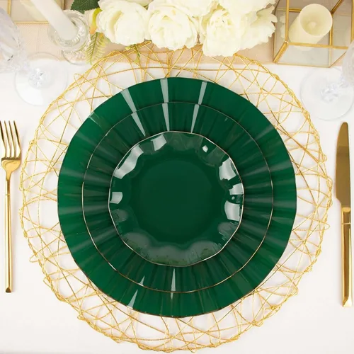 Vista 200 de Tableclothsfactory Paquete de 10 platos redondos de plástico negro de 6 pulgadas para ensalada de postre, platos desechables con borde ondulado