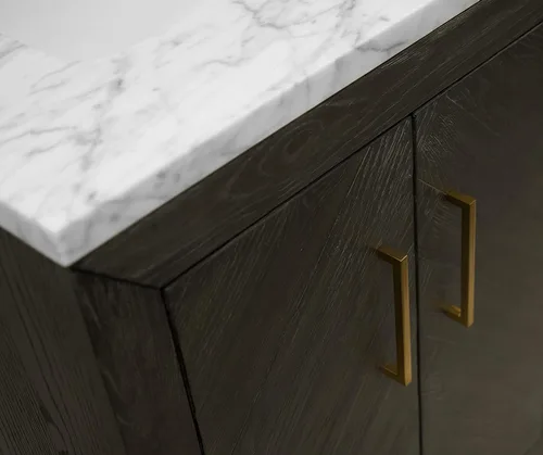 Vista 8 de Kitchen Bath Collection Peyton - Mueble de baño doble de 60 pulgadas (Carrara/roble oscuro): incluye gabinete de roble oscuro con impresionante