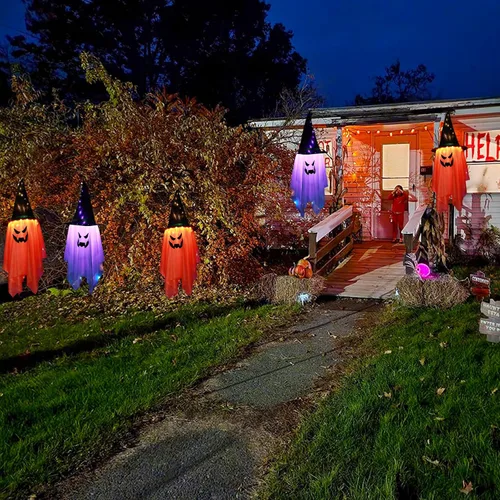Vista 4 de Decoración de BokingOne de Halloween, 2 piezas de sombreros grandes de bruja fantasma iluminados para Halloween, adornos de fantasma colgantes