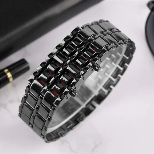 Vista 4 de FANMIS Reloj deportivo simple para hombre, estilo binario, electrónico, digital, LED, aleación de lava, rectangular, reloj de cadena