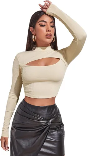 Vista 3 de SheIn Camiseta de manga larga para mujer con corte frontal y cuello alto falso básico