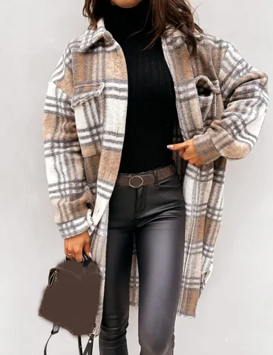 Vista 2 de Omoone Abrigo largo clásico de lana con botones para mujer, chaqueta de tartán con bolsillos