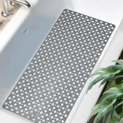 Vista 2 de Tiamo Tapete TPE para bañera y ducha, tapete grande de 35 x 16 pulgadas, antideslizante, lavable a máquina con agujeros de drenaje, ventosas