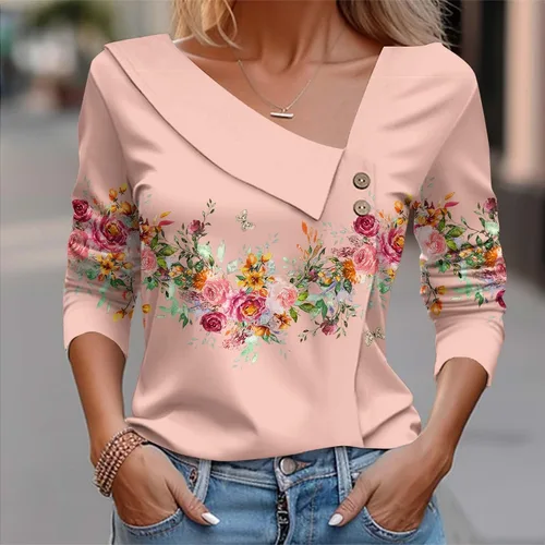 Vista 2 de Aopirta Blusa con cuello en V para mujer, casual, estampada, con botones, blusa para otoño 2023