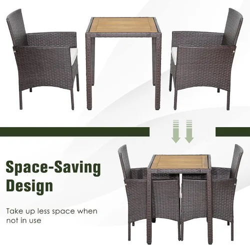 Vista 7 de COSTWAY Juego de comedor de mimbre para patio, mesa de madera de acacia con sillas acolchadas para jardín