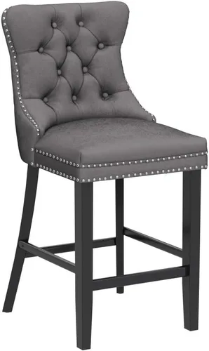 Vista 5 de Juego de 4 taburetes de bar de altura de mostrador, taburete de bar de terciopelo de 27 pulgadas con decoración de botones, patas de madera maciza