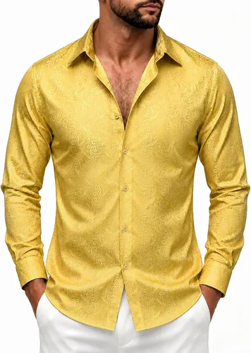 Vista 42 de DiBanGu Camisa de vestir de paisley de seda para hombre, formal, de manga larga, con cuello abotonado, camisas informales para fiesta de boda Negro