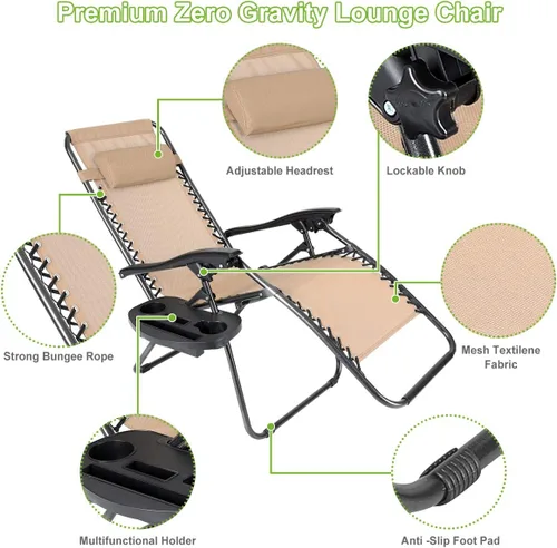 Vista 3 de Juego de 4 sillas reclinables de gravedad cero de malla de acero para acampar al aire libre con reposapiés, ajustable, almohada, bandeja, beige