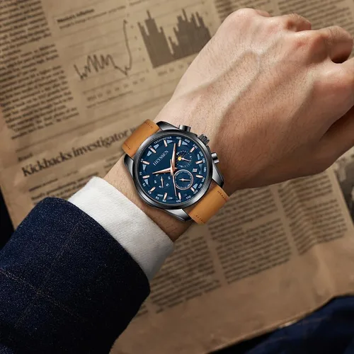 Vista 6 de Watches for Men Chronograph Analog Luminous Quartz Watch Blue Black Luxury Genuine Leather Mens Watches Business Sports Waterproof Wristwatch