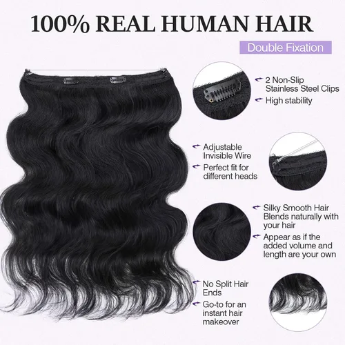 Vista 3 de Extensiones de cabello humano real, extensiones de cabello humano 100 % humano, extensiones de clip, ondulado, negro azabache 01, 2.46 oz/18 pulgadas