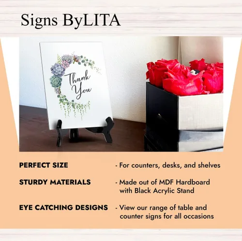 Vista 4 de Signs ByLITA Letrero de mesa de agradecimiento con caballete, diseño floral de media luna (6 x 8 pulgadas)
