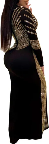 Vista 2 de Vestidos de noche de cumpleaños sexy para mujer, con pedrería brillante y mangas largas ideal para club nocturno y fiesta