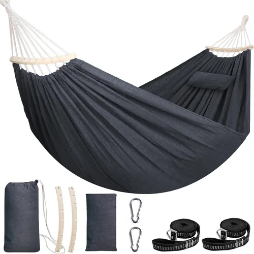 Vista 13 de Chihee - Hamaca de algodón grande y transpirable para acampar, con capacidad de hasta 660 libras, portátil, con barra separadora desmontable