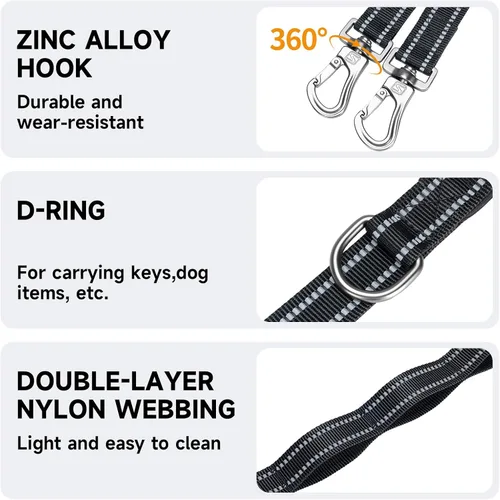 Vista 4 de EXCELLENT ELITE SPANKER Correa doble reflectante - Correa doble para perro de 5 pies con mango acolchado para dos perros que caminan y entrenan Negro