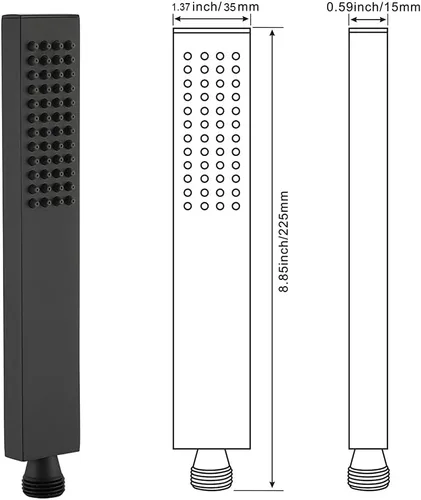 Vista 4 de Asyas Cabezal rociador de ducha de mano cuadrado de latón macizo con conector de pared ajustable, soporte de ducha y manguera, negro mate de alta