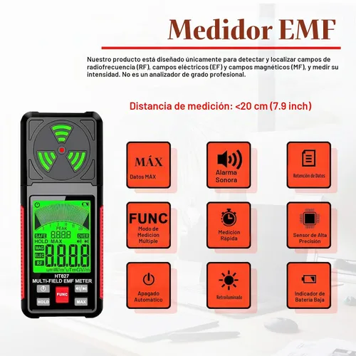 Vista 2 de Medidor EMF, detector de radiación de campo electromagnético portátil 3 en 1, probador EMF de mano para EF, RF, MF, señal WiFi, detector
