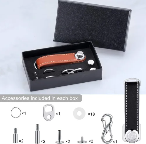 Vista 5 de 2 juegos de cuero organizador de llaves compacto plegable para llaves de bolsillo hasta 16 para hombres regalo del día del padre (negro, marrón)