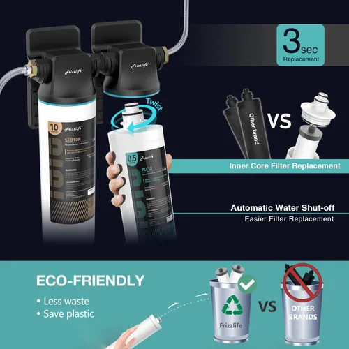 Vista 4 de Frizzlife Sistema de filtro de agua DW10 para debajo del fregadero, elementos certificados NSF/ANSI 53 y 42, reduce el 99.99% de plomo, cloro