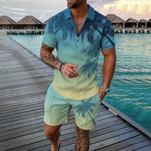Vista 2 de Conjunto deportivo de 2 piezas para hombre, camiseta polo y pantalón corto, con cremallera de un cuarto, casual, elegante, grande y alto