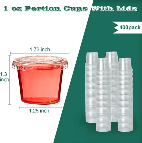 Vista 5 de Lilymicky 400 juegos de vasos de plástico desechables de 1 onza con tapas, pequeños recipientes de plástico para condimentos para salsa, vasos