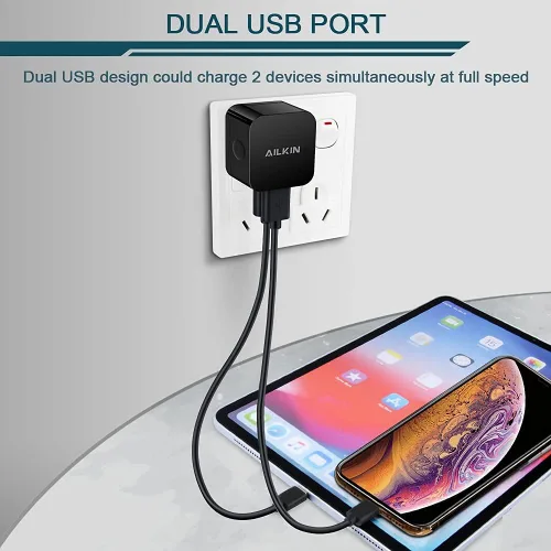 Vista 5 de 2 paquetes de cargadores de pared USB, bloque de carga rápida de 2.4A de doble puerto cuadrado plano, adaptador de corriente AC, estación de carga