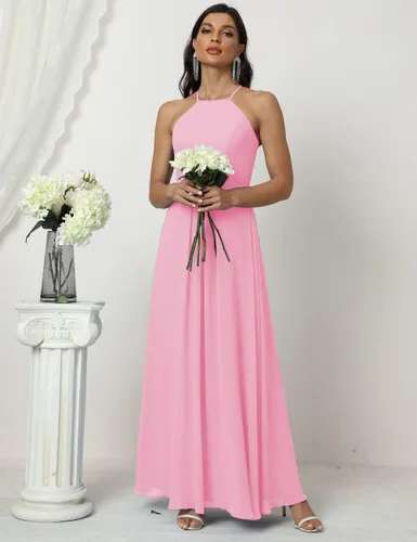 Vista 5 de Vestido de dama de honor largo formal para fiesta de noche, boda, regreso a casa, Rosa (Candy Pink), 2