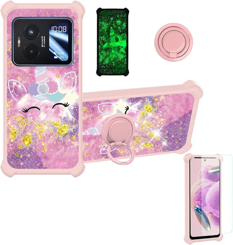 Vista 44 de jioeuinly Funda compatible con Oukitel P1 Pro con protector de pantalla de vidrio templado, policarbonato duro + silicona suave, soporte de anillo