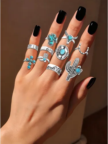 Vista 5 de Juego de 30 anillos de nudillos plateados vintage para mujeres, hombres, adolescentes, niñas, vaquera occidental, apilables, anillos de dedo