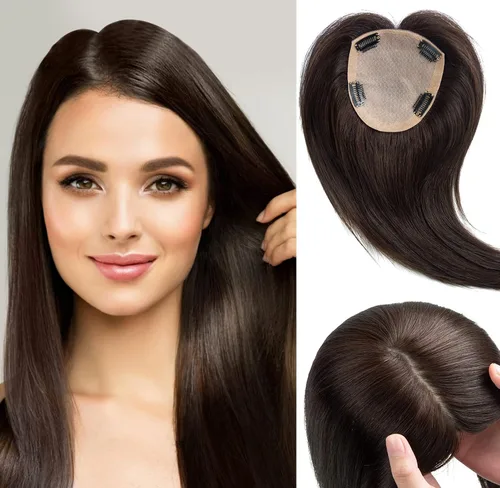 Vista 9 de MorningWigs Cubrecabello humano real para mujer, piezas de cabello de 4.7 x 5.1 in, base de seda completa con 3-4 clips para adelgazar el cabello