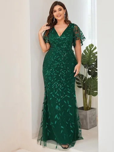 Vista 4 de Ever-Pretty Vestidos formales bordados con curvas con cuello en V para mujer, talla grande, con lentejuelas, vestidos para madre de la novia