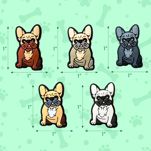 Vista 6 de Frenchie Croc Charms, juego de 5 piezas de dijes de Bulldog Francés, lindos y adorables dijes para adultos y niños, regalos para propietarios