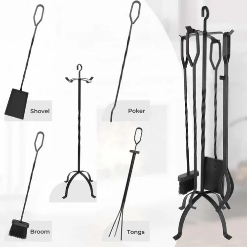 Vista 2 de Juego de herramientas para chimenea de 5 piezas, accesorios ligeros de hierro forjado para interiores y exteriores, incluye soporte resistente