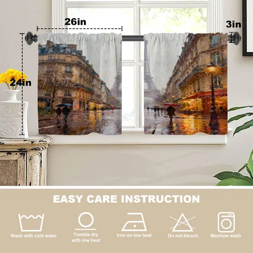 Vista 5 de Cortinas opacas de cocina con pintura al óleo de Europa rosa y negra para ventanas, cenefas opacas modernas de torre Eiffel de poliéster multicapa