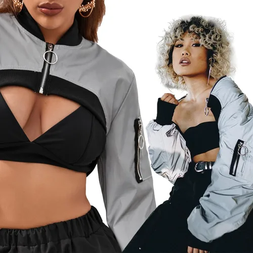 Vista 4 de Ypser - Blusa reflectante para rave, crop top, de manga corta, techwear, para mujer