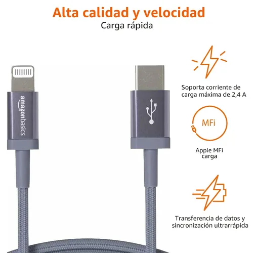 Vista 3 de Amazon Basics Cable de carga trenzado de nailon USB-C a Lightning de carga rápida con certificación MFi para iPhone y iPad de Apple, 3 pies, gris