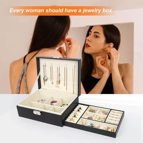 Vista 6 de Songaa Organizador de joyas de piel sintética, estuche para joyería para aretes, pulsera, collar y anillos de almacenamiento, caja de almacenamiento
