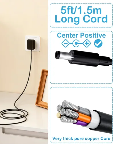 Vista 5 de Adaptador de corriente de 5V 2A para Yealink T54W compatible con Yealink Phone T54W, T46U, T57W, T48U, T46S, T53W, MP54, MP56, cable de alimentación