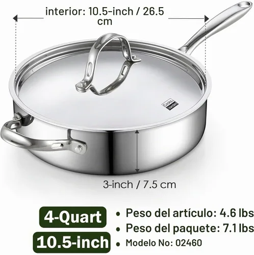 Vista 2 de Cooks Standard Sartén profunda, cubierta, de acero inoxidable revestido en múltiples capas, 5 cuartos de galón, 11 pulgadas., Acero inoxidable