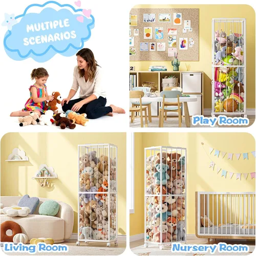 Vista 7 de Fixwal Tubo de metal para almacenamiento de animales de peluche, extra grande, organizador de juguetes para niños, con banda elástica y red