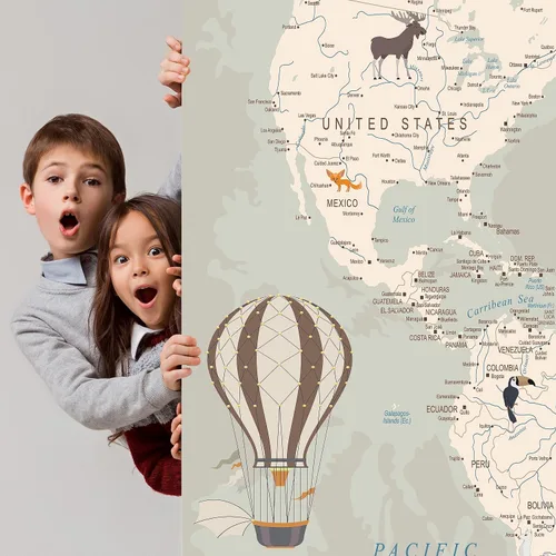 Vista 4 de Papel tapiz infantil con diseño de mapa del mundo con animales - Mural
