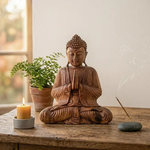 Vista 2 de G6 Collection Estatua de Buda sentado de madera de 8 pulgadas, escultura meditadora hecha a mano, decoración decorativa para el hogar, decoración