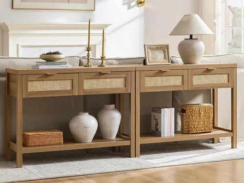 Vista 13 de SICOTAS Mesa consola negra con cajones de ratán - Mesa de entrada de ratán boho con almacenamiento, mesas consola pequeñas para entrada, mesa